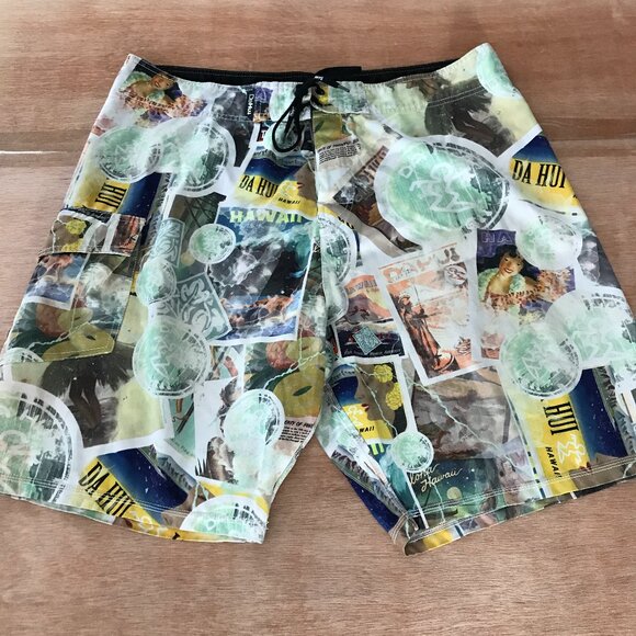 Da Hui Hawaiian Board Swim Shorts Men 38 Blue Surfing Tie Waist Pocket Beach - Picture 1 of 12